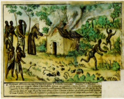 Moine capucin mettant le feu à une case contenant des objets de culte animiste, Sogno, royaume du Kongo, 1740